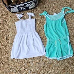 Lot Of 2 SHADE CRITTERS Girls' Terry White Smocked Tank Dress & Mint Romper 7-8